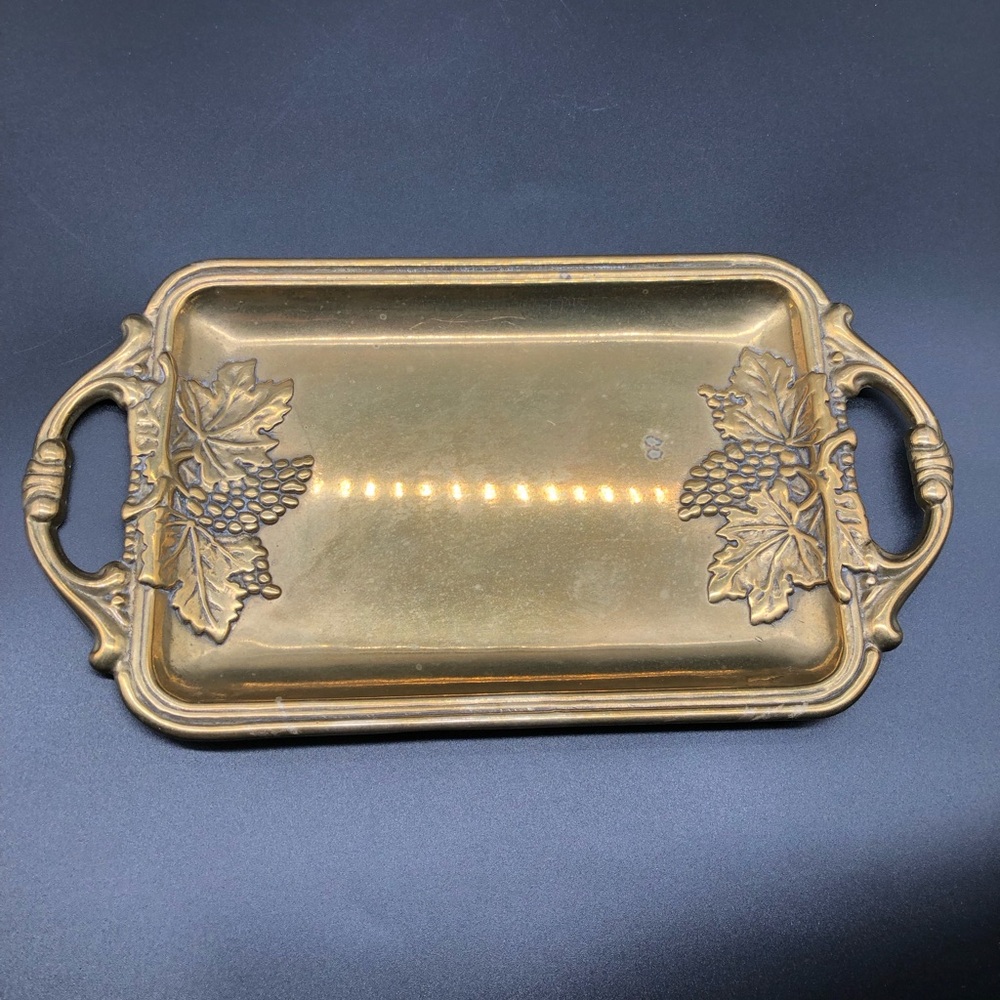 Heavy Solid Brass Tray ~ Made in Italy ~ Grapes Leaf Design Double Handled